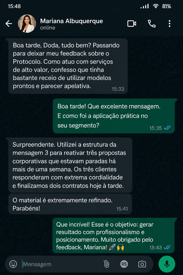 Print de conversa: Mariana Albuquerque relata ter fechado 2 contratos corporativos após usar a mensagem 3 do Protocolo